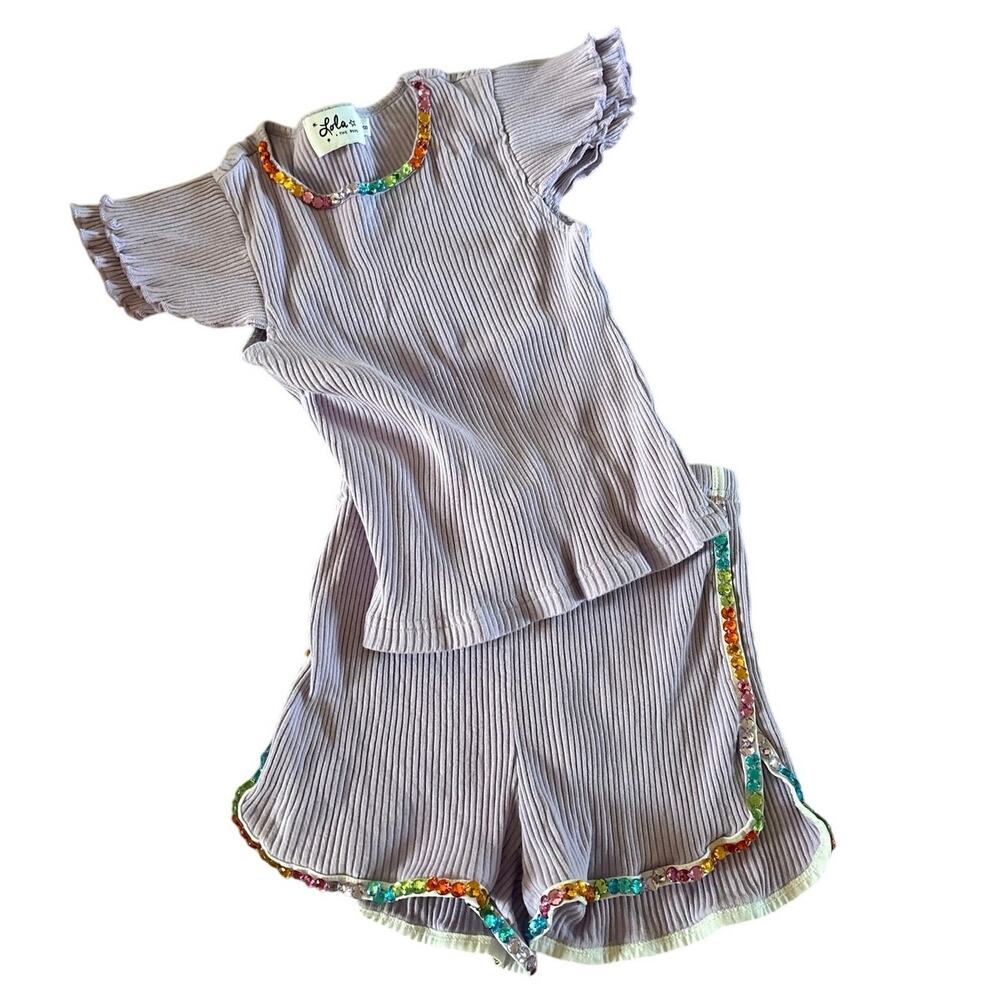 Lola + The Boys Girls Size 8 Lavender Ribbed Rhinestone Top Shorts Set Rainbow